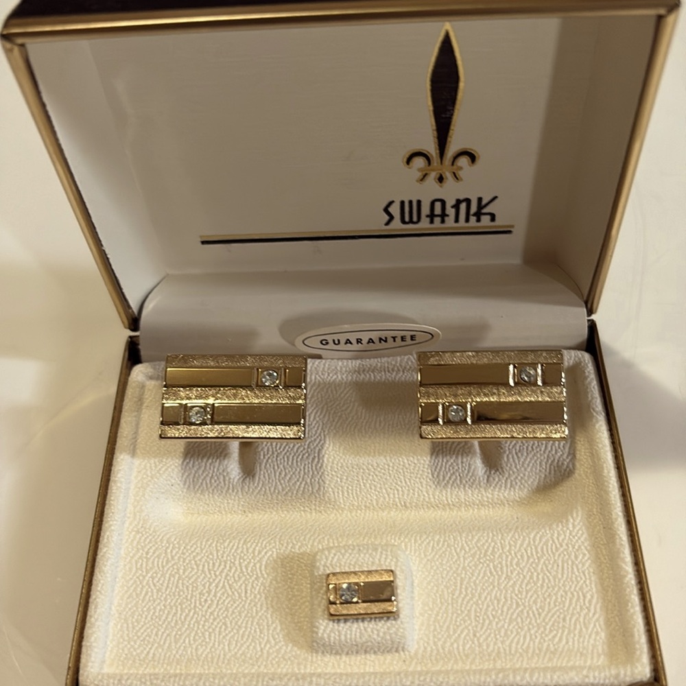 VINTAGE SWANK GOLD-TONE RHINESTONE CUFFLINKS AND TIE TACK ORIGINAL BOX - Picture 2 of 10